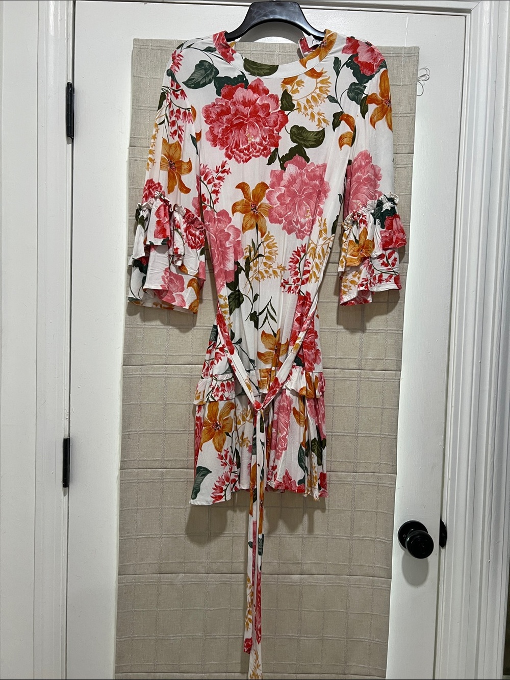 Floral Tie-Waist Ruffle Sleeve - White with Pink & Yellow Floral Mini-Dress